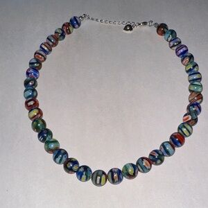 Murano Multicolor Millefiori Glass Bead Necklace with Blue Base
